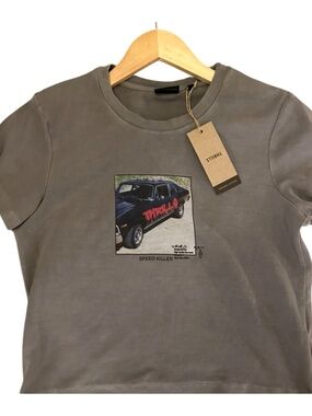 Thrills Die Fighting Baby Tee Washed Grey Graphic Crop Top NWT Size L